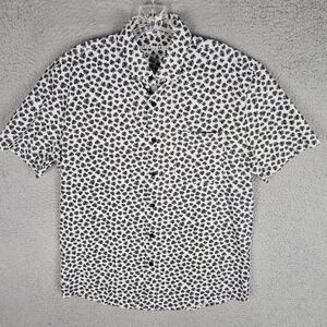 Bearbottom Button Down Mens M White Monstera Leaf Print Stretch Short Sleeve
